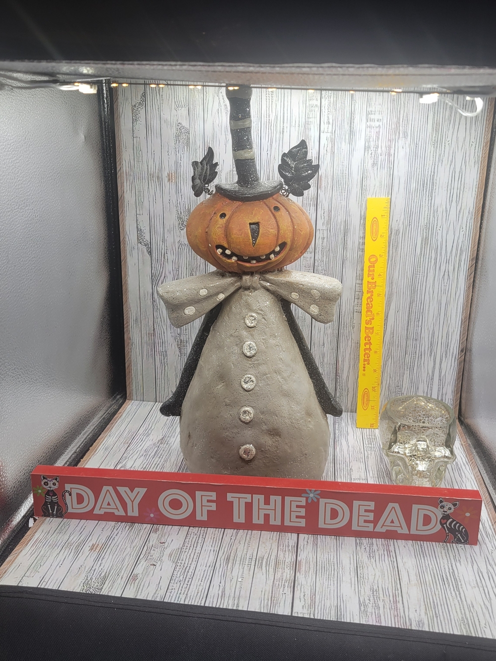 Halloween Lot - Handcrafted Folk Art Figure, Skull Tea Light Holder And Sign